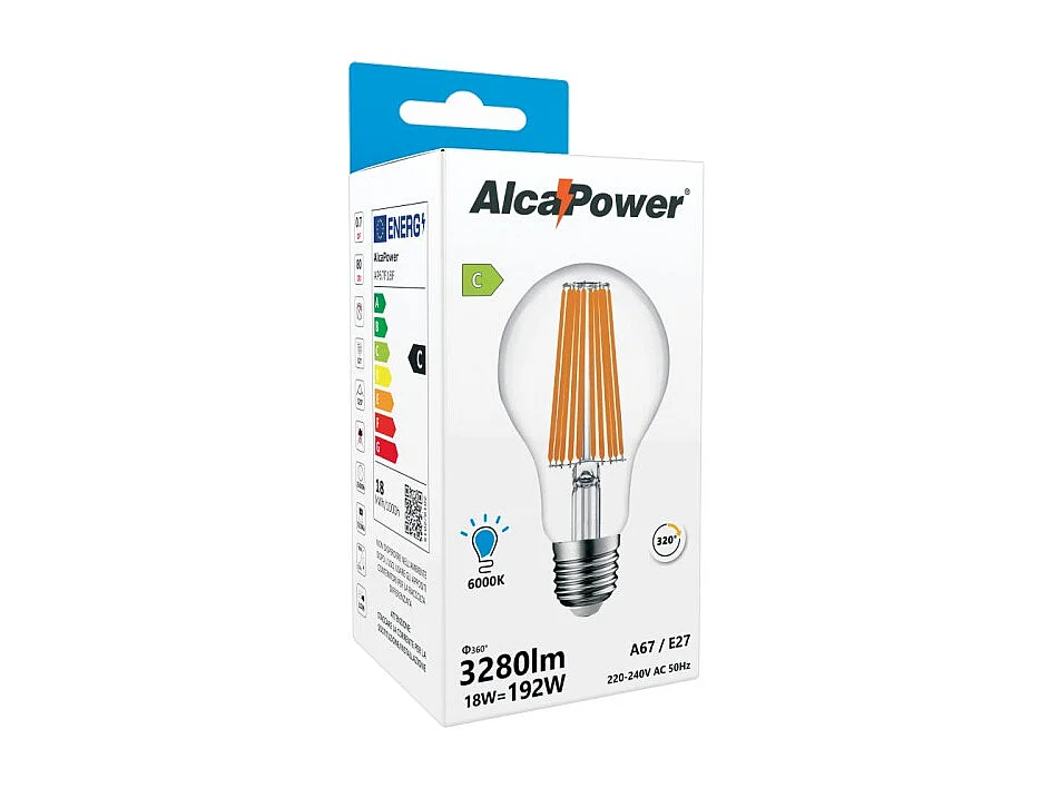 Alcapower - Lâmpada LED E27 A67 18W 3280lm, Ângulo de 320°, Classe Energética C, Ø67mm, Luz Instantânea, Longa Duração - 6000K