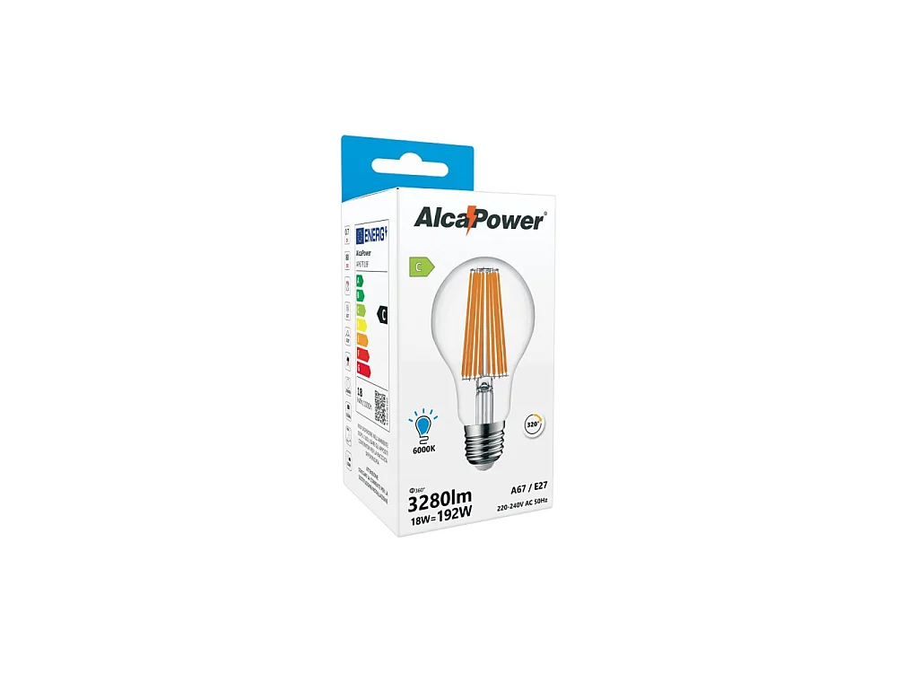 Alcapower - E27 A67 LED-Glühbirne, 18 W, 3280 lm, 320°-Winkel, Energieklasse C, Ø67 mm, sofortiges Licht, lange Lebensdauer - 6000 K