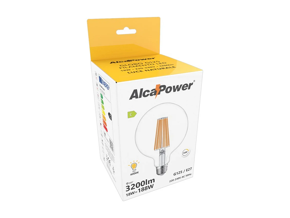 Alcapower - Lâmpada LED E27 G125 18W 3200lm, Ângulo de Feixe de 320°, Classe Energética C, Ø125mm, Luz Instantânea, Longa Duração - 4000K