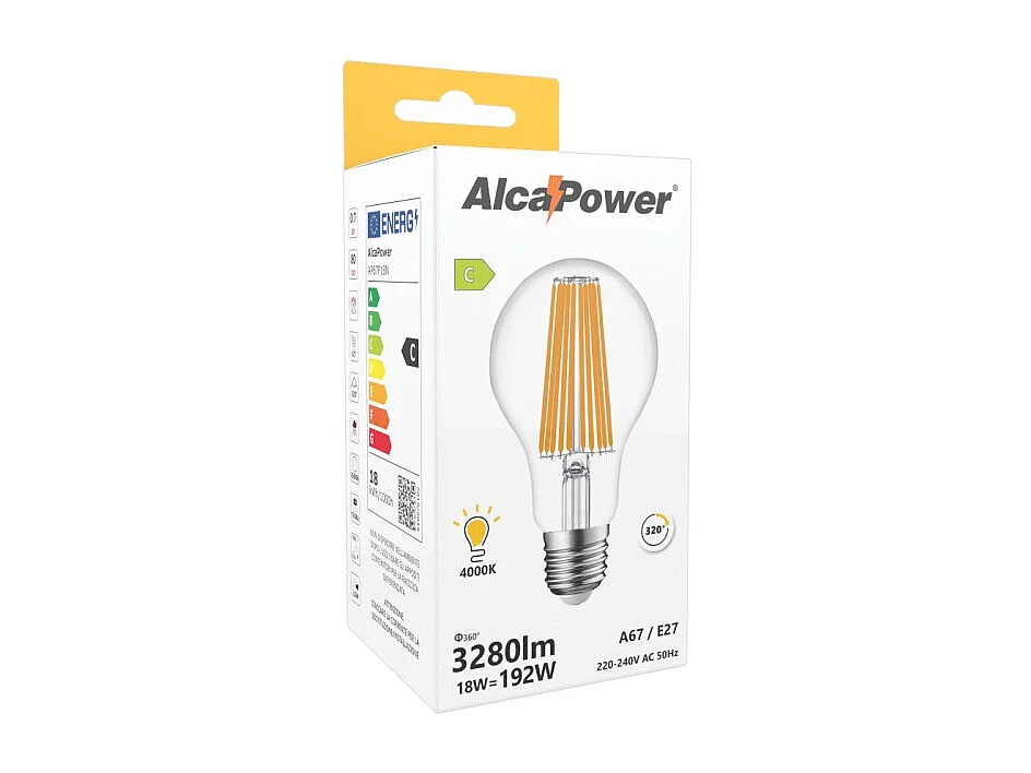 Alcapower - Ampoule LED E27 A67 18 W 3 280 lm, angle 320°, classe énergétique C, Ø 67 mm, éclairage instantané, longue durée de vie - 4000K