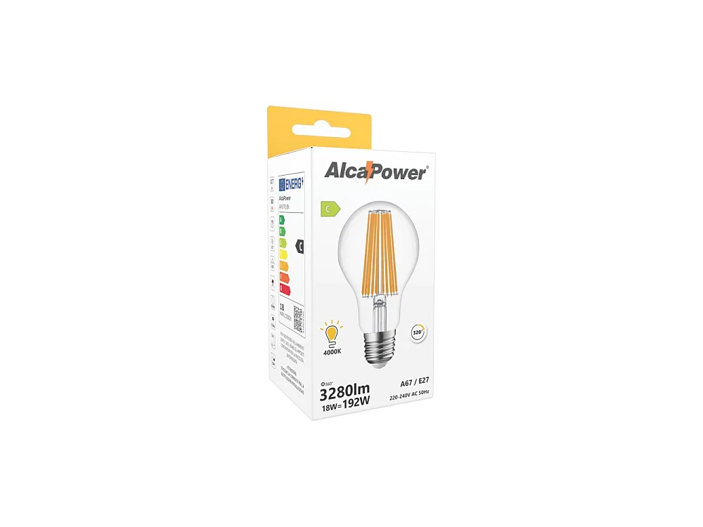 Alcapower - E27 A67 LED Bulb 18W 3280lm, 320° Angle, Energy Class C, Ø67mm, Instant Light, Long Life - 4000K