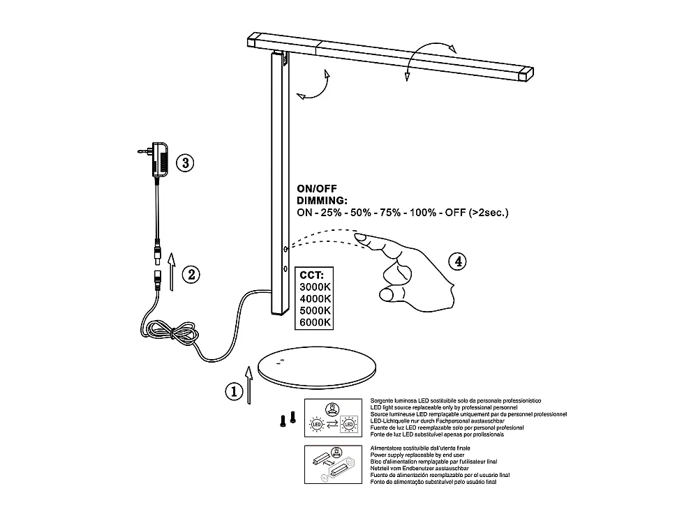 Ideal - Fabas Luce weiße Tischlampe - Integrierte 10-W-LED, Touch-dimmbar, CCT (3000 K, 4000 K, 5000 K, 6000 K)