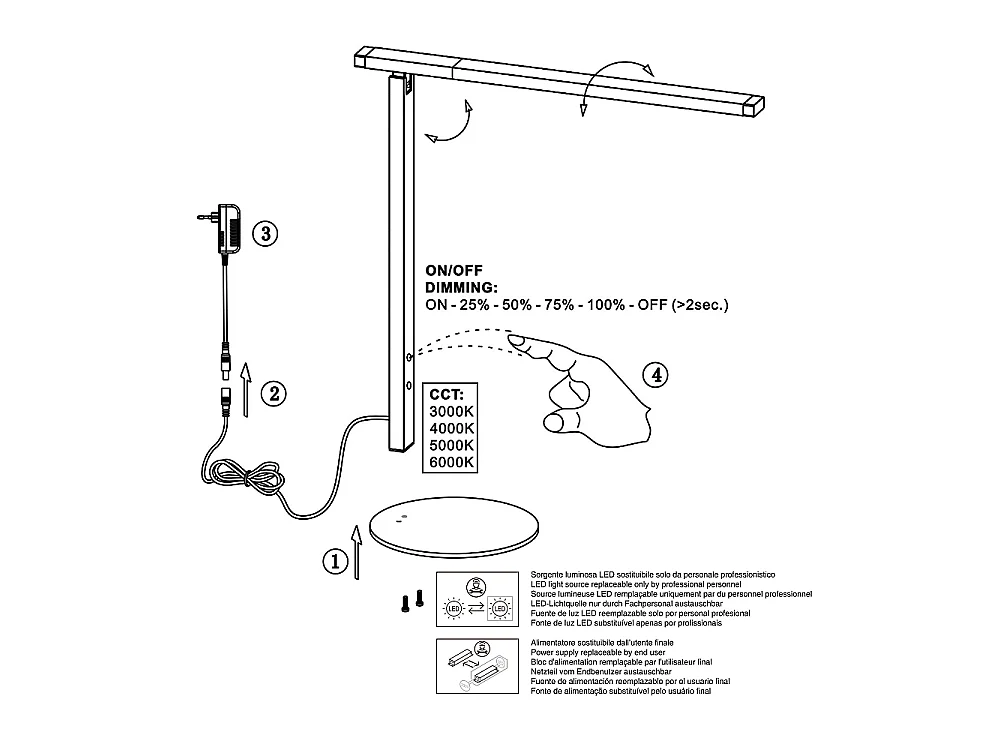 Idéal - Lampe de table blanche Fabas Luce - LED 10W intégrée, tactile, dimmable, CCT (3000K 4000K 5000K 6000K)