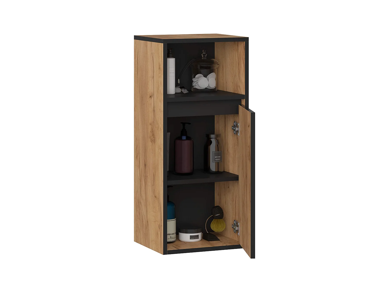 Badezimmer-Hängeschrank VAMI Craft Eiche, Schwarz 35 cm 1 Tür 3 Regalböden B35xH80xT30 cm