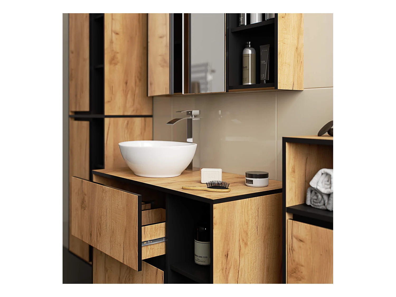 Badezimmer-Hängeschrank VAMI Craft Eiche, Schwarz 35 cm 1 Tür 3 Regalböden B35xH80xT30 cm