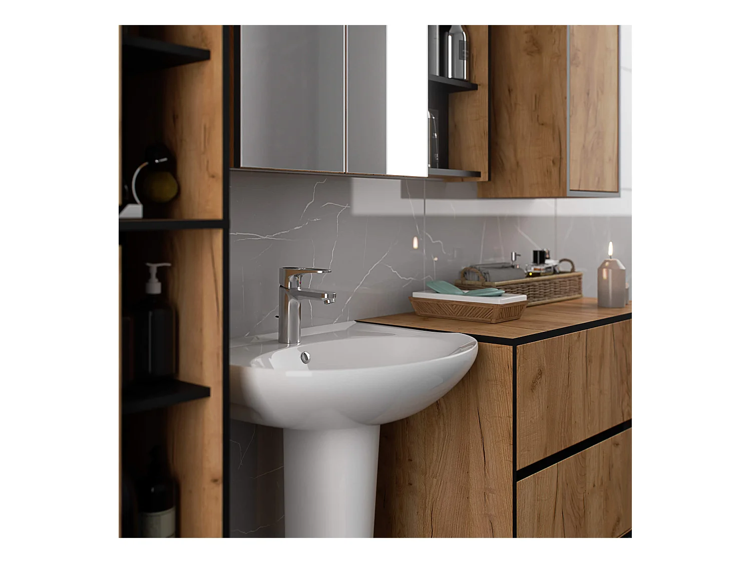 Badezimmer-Hängeschrank VAMI Craft Eiche, Schwarz 35 cm 1 Tür 3 Regalböden B35xH80xT30 cm