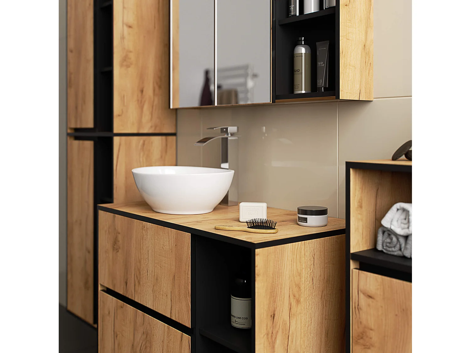 Hangende Badkamerkast VAMI W90 met 1 Deur en 3 Planken / Craft Eik - Zwart / AKORD Furniture Factory / 35x30x80 cm