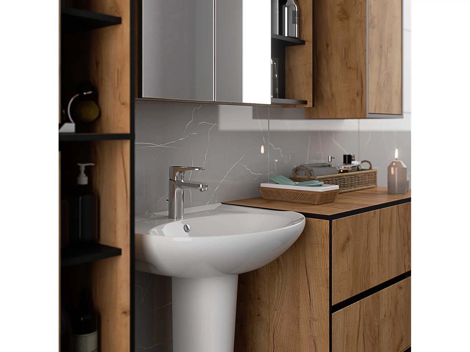 Hangende Badkamerkast VAMI W90 met 1 Deur en 3 Planken / Craft Eik - Zwart / AKORD Furniture Factory / 35x30x80 cm