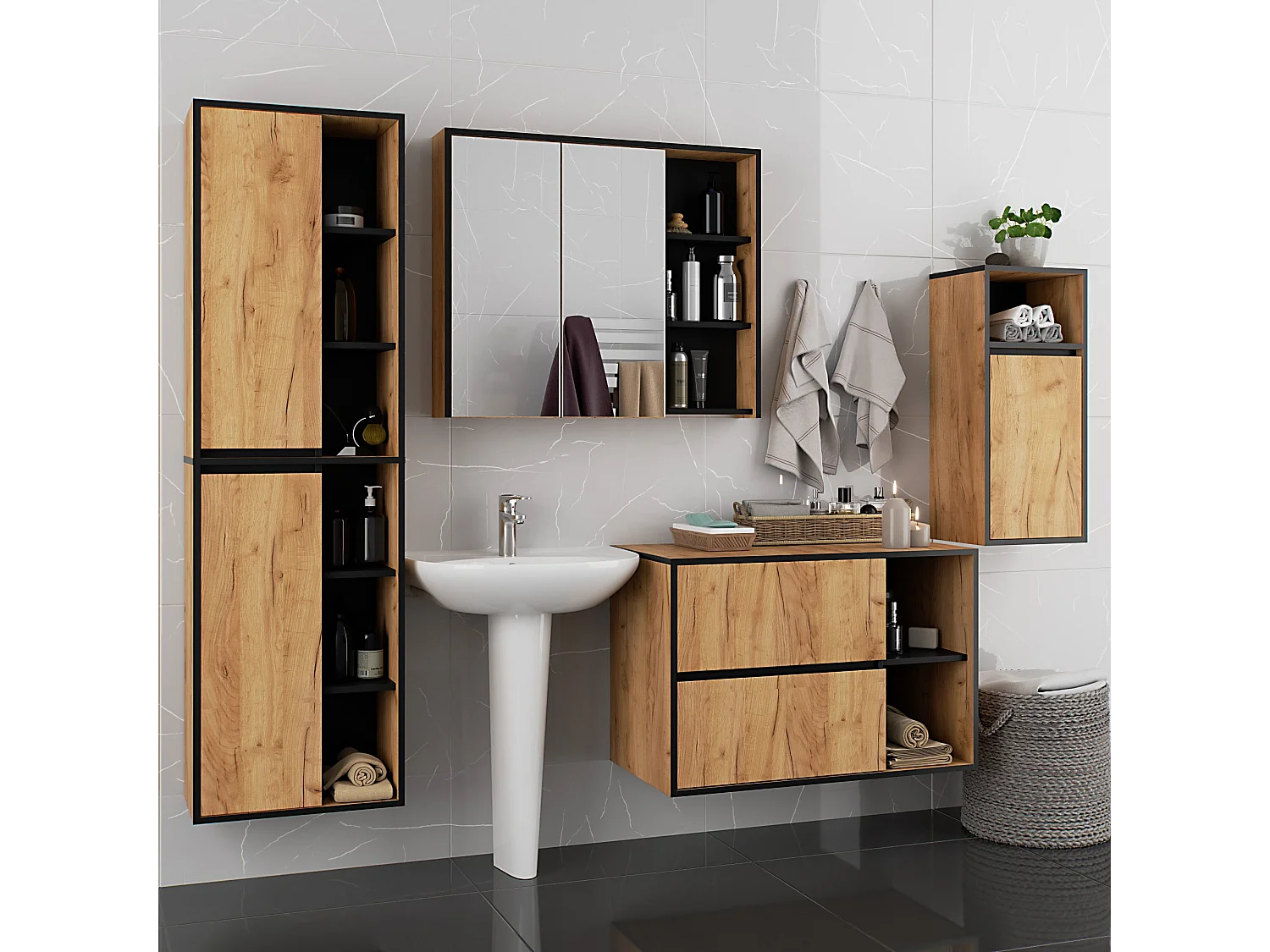 Armoire salle de bains VAMI suspendu Chêne Craft et Noir 35 cm 1 porte 3 étagères 35x30x80 cm