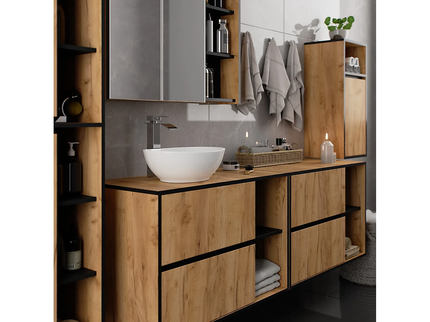 Armoire salle de bains VAMI suspendu Chêne Craft et Noir 35 cm 1 porte 3 étagères 35x30x80 cm