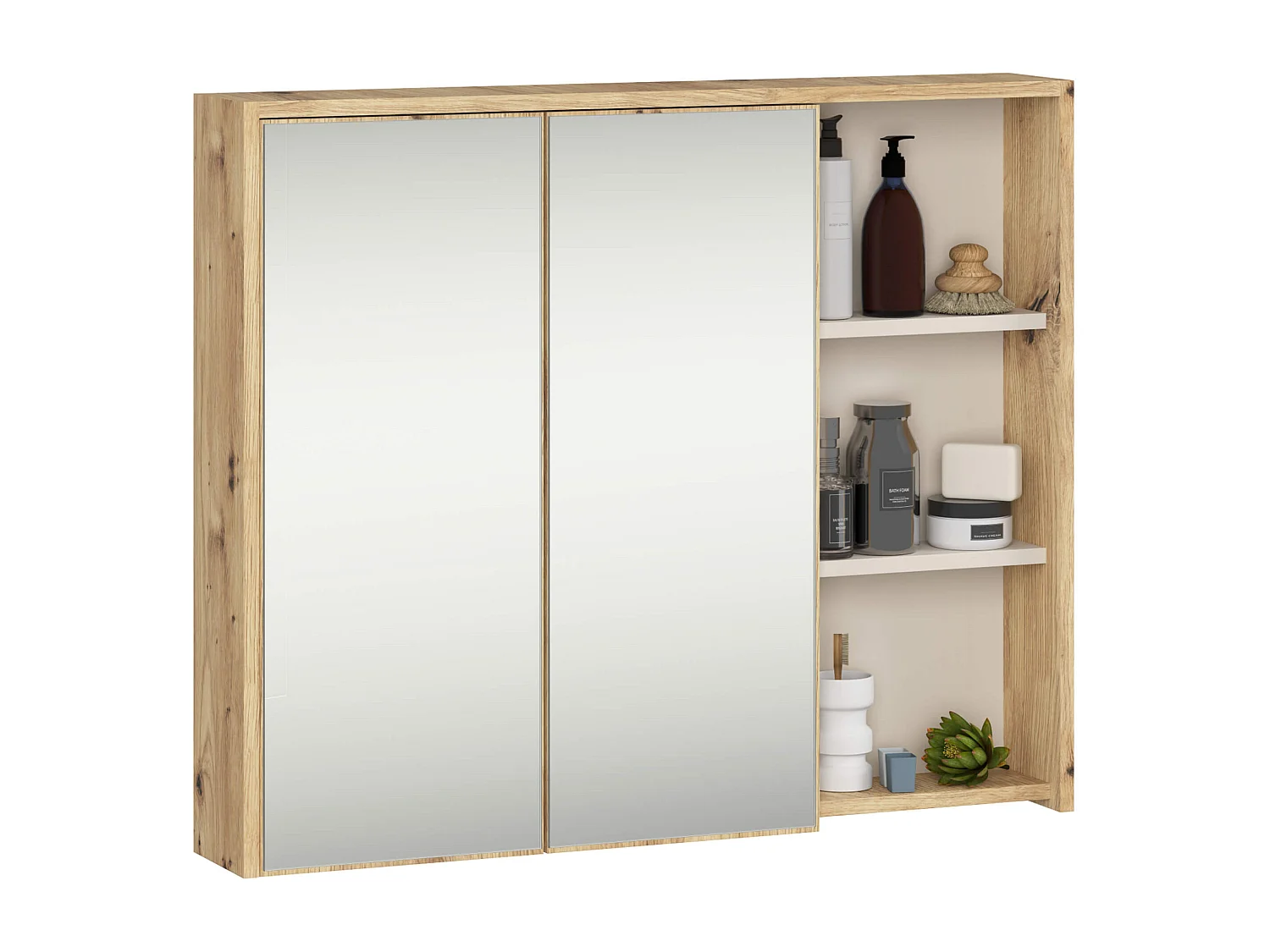 Badezimmer-Hängeschrank VAMI mit Spiegel Artisan Eiche, Kaschmir 90 cm 2 Türen 6 Regalböden B90xH75xT15 cm