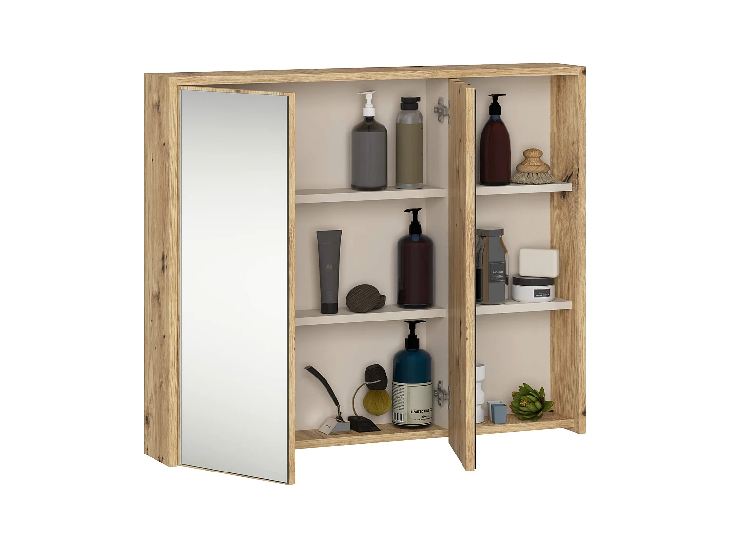 Badezimmer-Hängeschrank VAMI mit Spiegel Artisan Eiche, Kaschmir 90 cm 2 Türen 6 Regalböden B90xH75xT15 cm