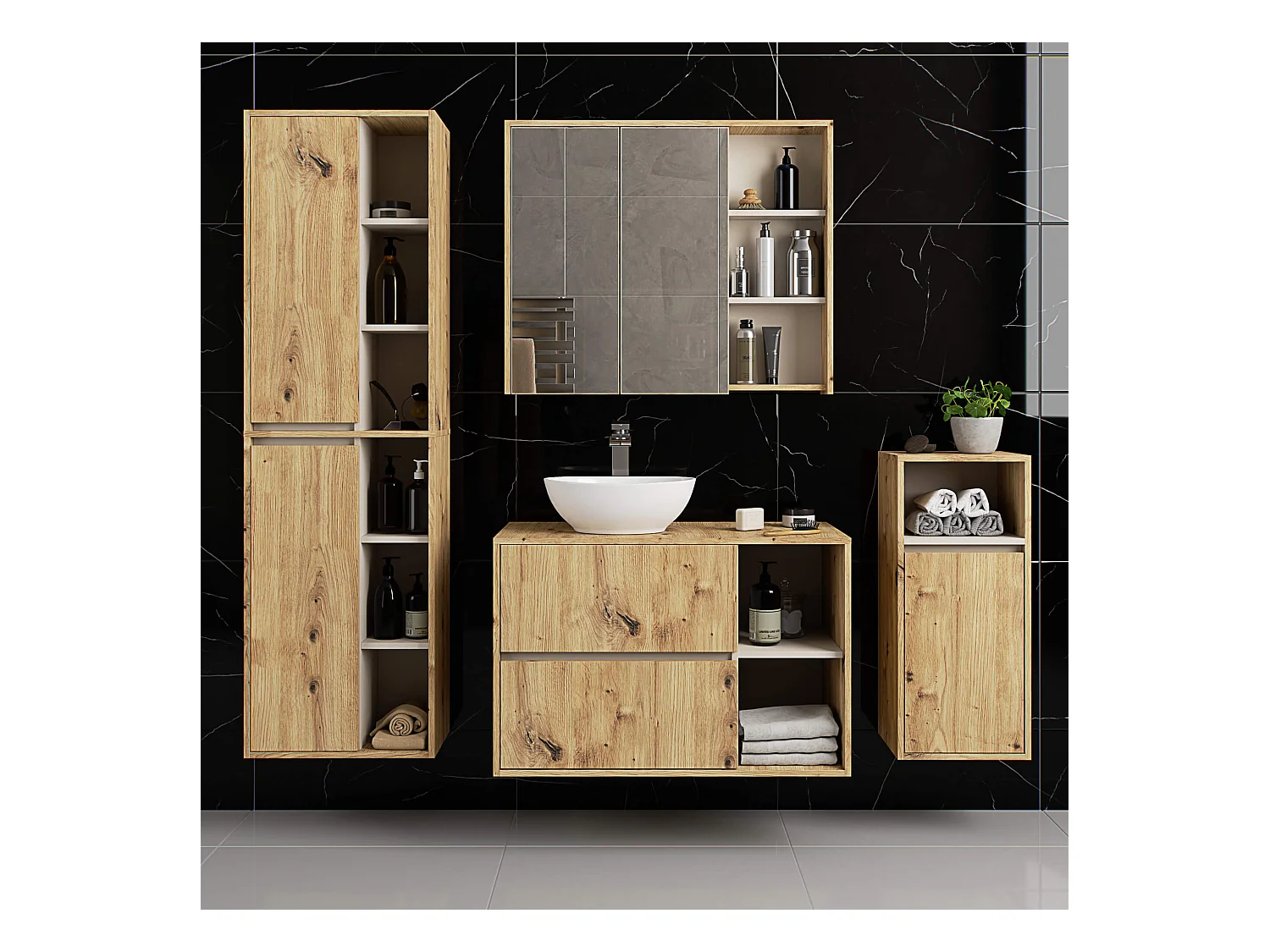 Badezimmer-Hängeschrank VAMI mit Spiegel Artisan Eiche, Kaschmir 90 cm 2 Türen 6 Regalböden B90xH75xT15 cm