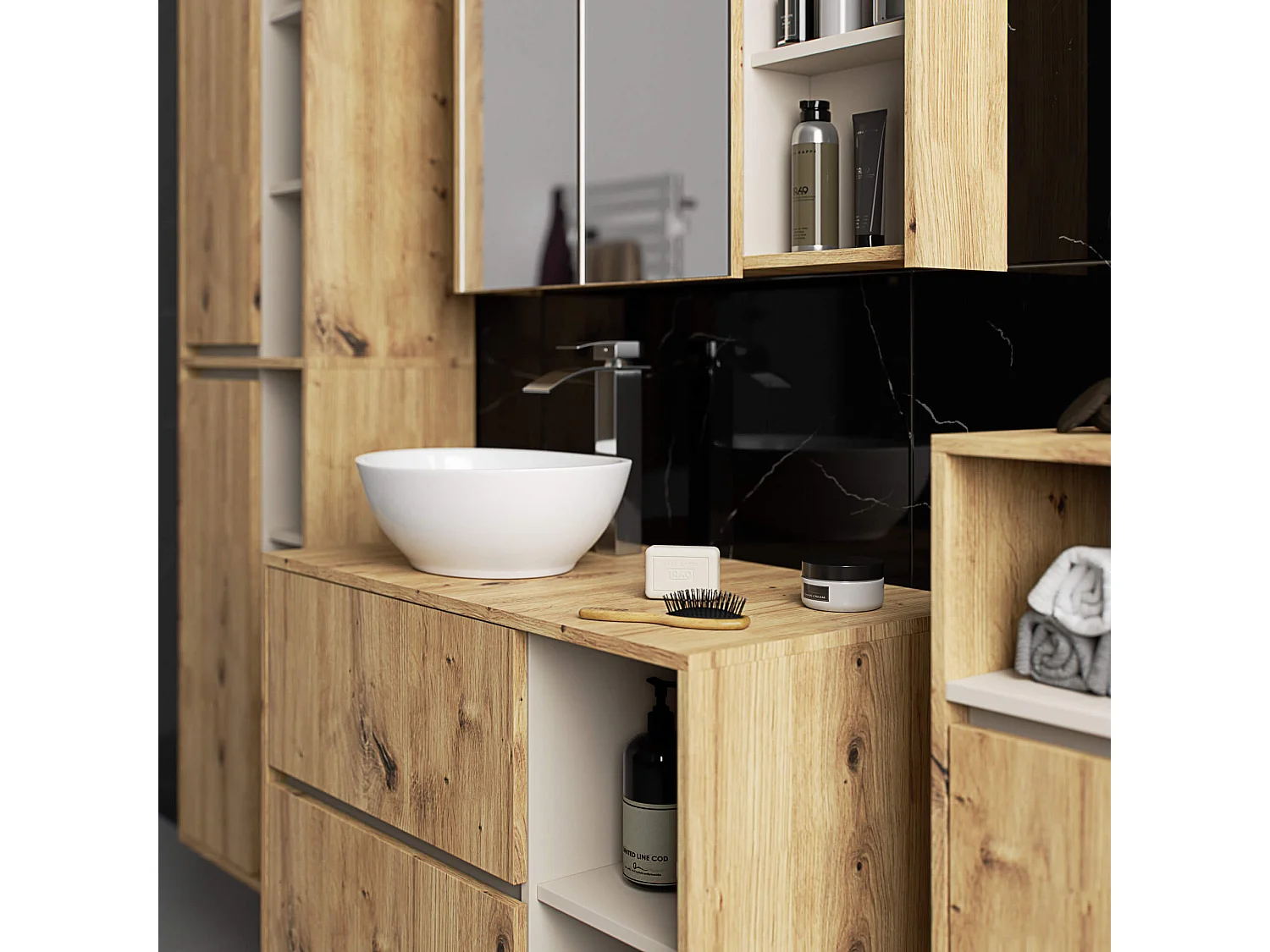 Badezimmer-Hängeschrank VAMI mit Spiegel Artisan Eiche, Kaschmir 90 cm 2 Türen 6 Regalböden B90xH75xT15 cm