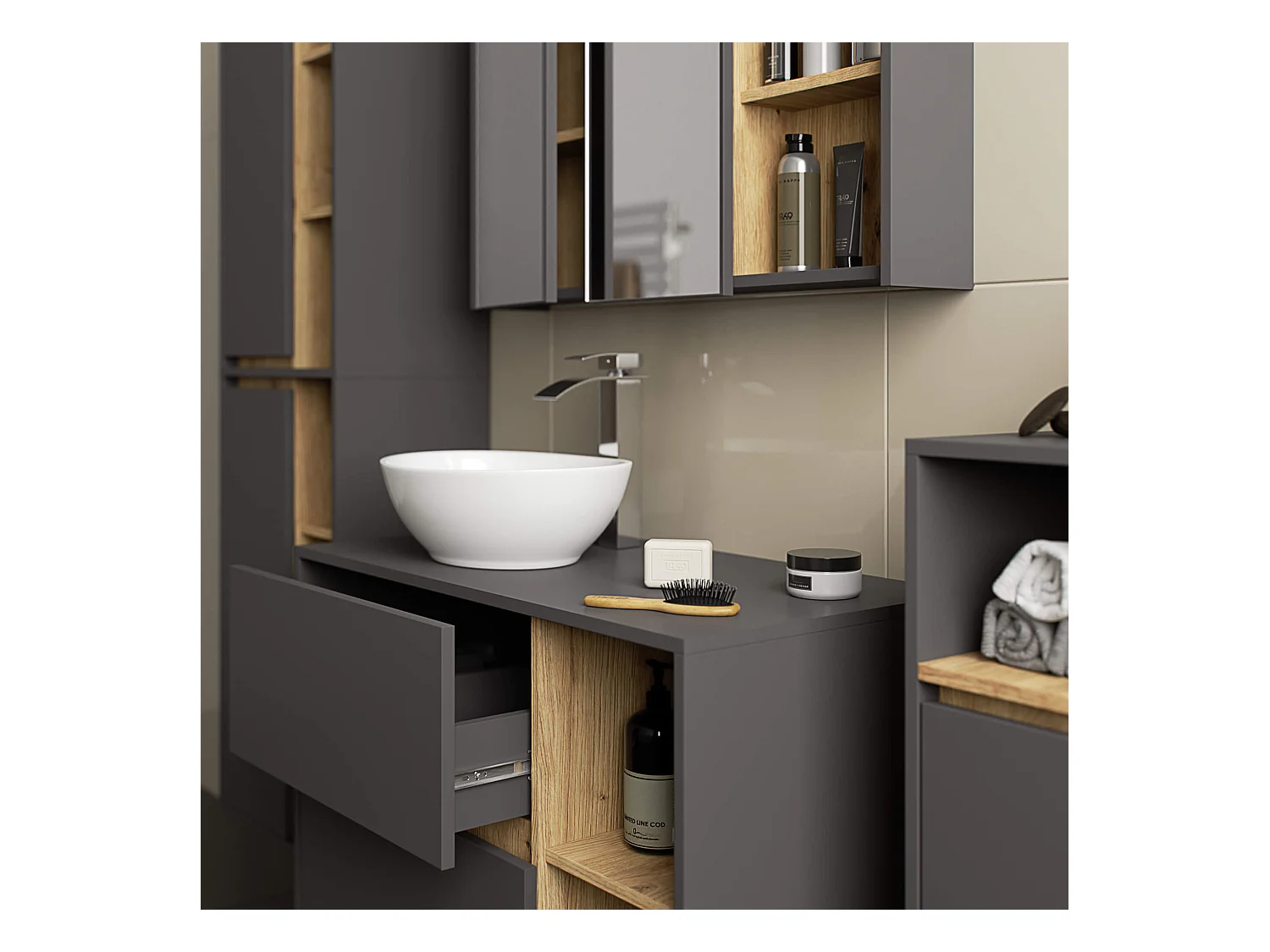 Armoire salle de bains VAMI suspendu Gris Graphite et Chêne Artisan 35 cm 1 porte 3 étagères 35x30x80 cm