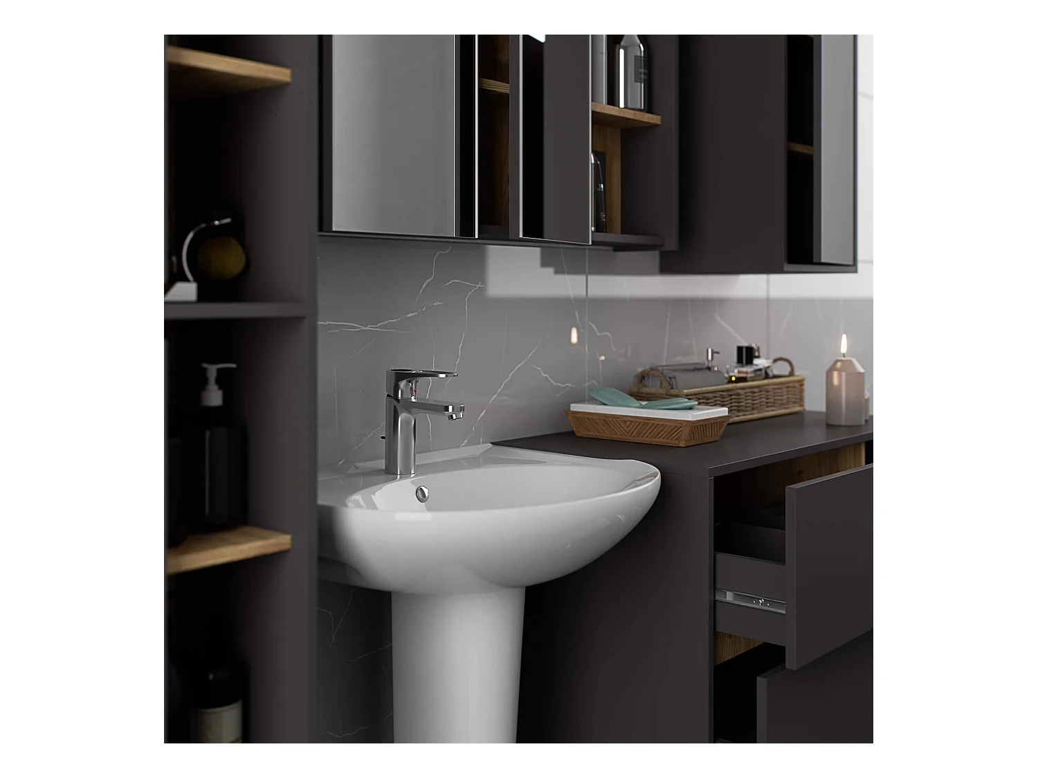 Badezimmer-Hängeschrank VAMI Graphitgrau, Artisan Eiche 35 cm 1 Tür 3 Regalböden B35xH80xT30 cm