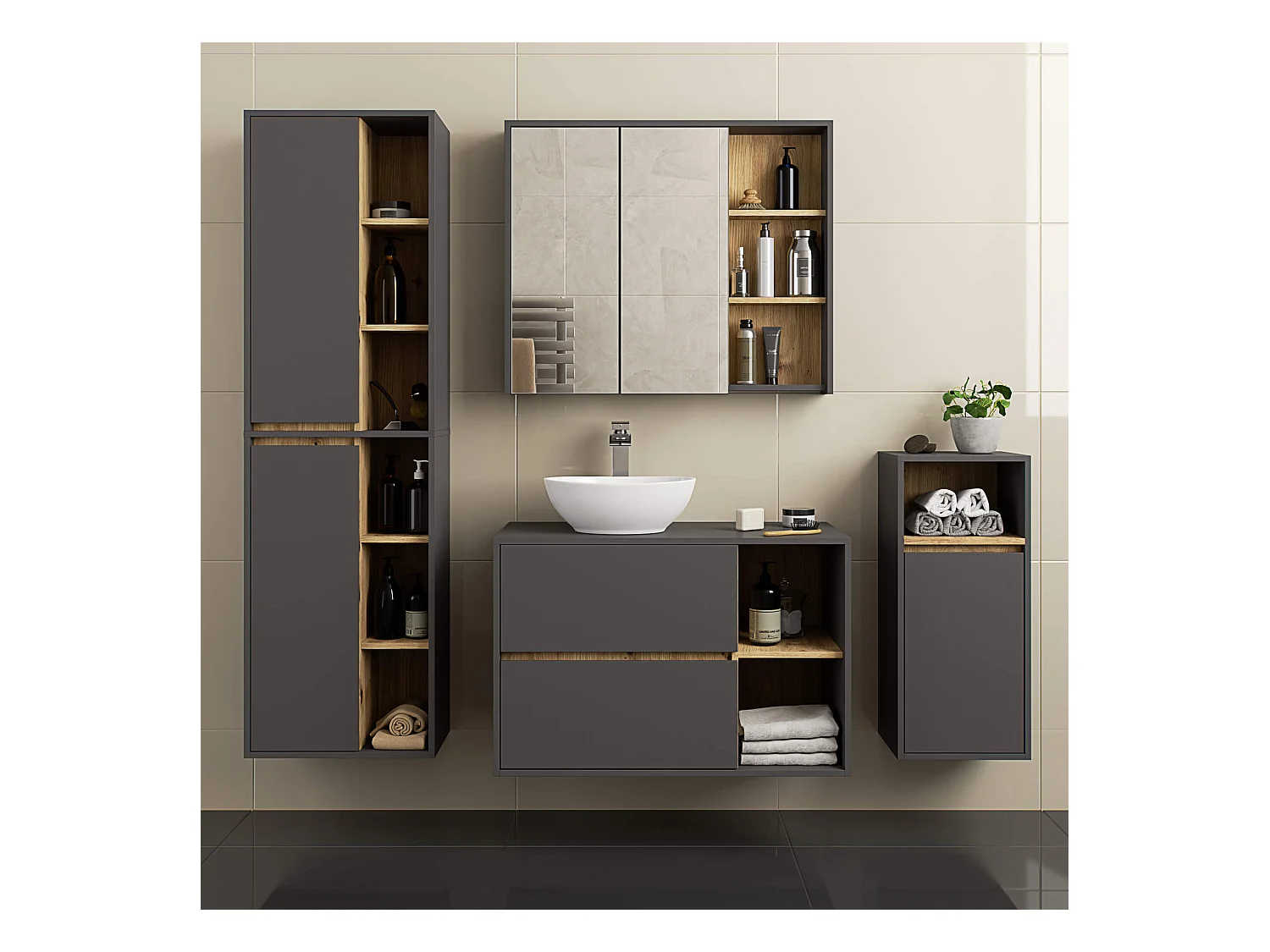 Badezimmer-Hängeschrank VAMI Graphitgrau, Artisan Eiche 35 cm 1 Tür 3 Regalböden B35xH80xT30 cm