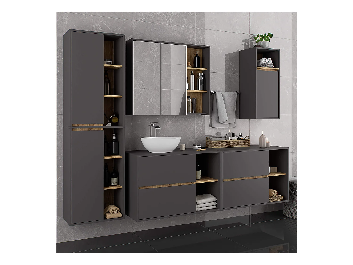 Badezimmer-Hängeschrank VAMI Graphitgrau, Artisan Eiche 35 cm 1 Tür 3 Regalböden B35xH80xT30 cm