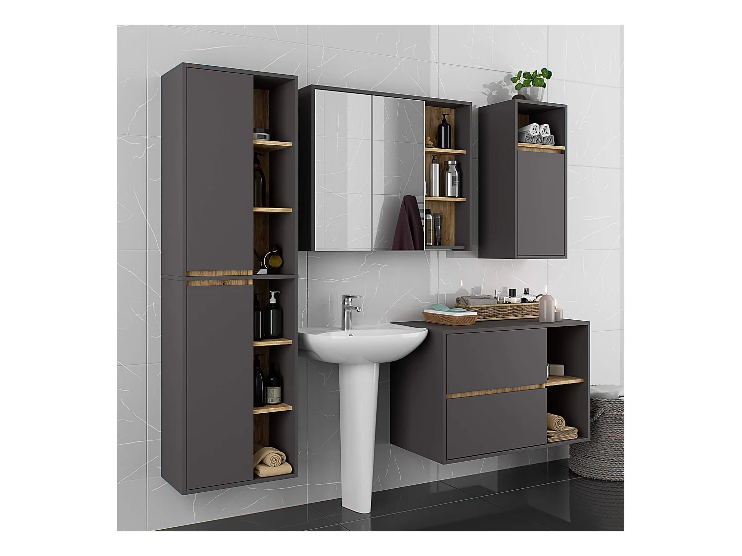 Badezimmer-Hängeschrank VAMI Graphitgrau, Artisan Eiche 35 cm 1 Tür 3 Regalböden B35xH80xT30 cm