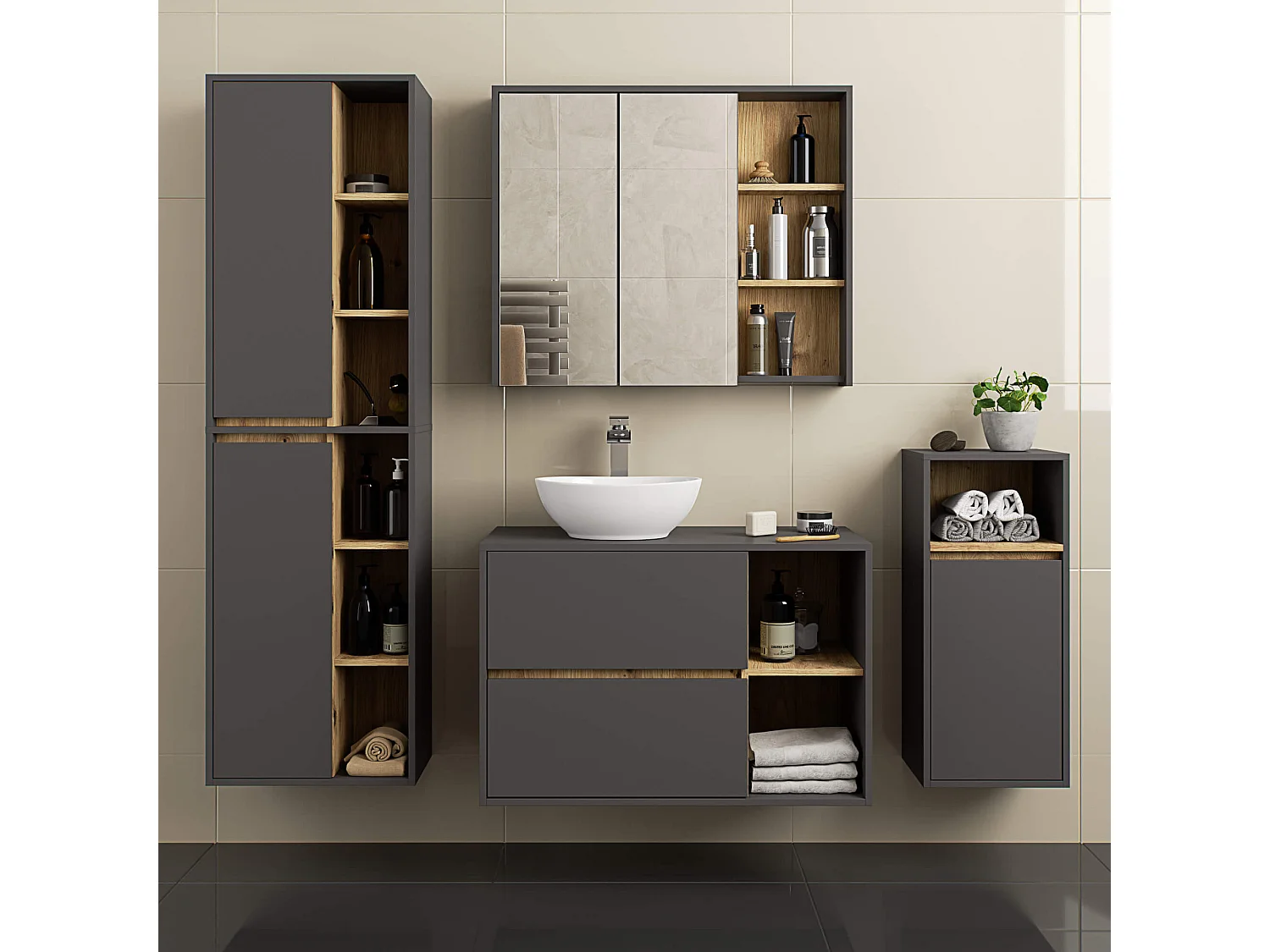 Hangende Badkamerkast VAMI W90 met 1 Deur en 3 Planken / Grafietgrijs - Artisan Eik / AKORD Furniture Factory / 35x30x80 cm