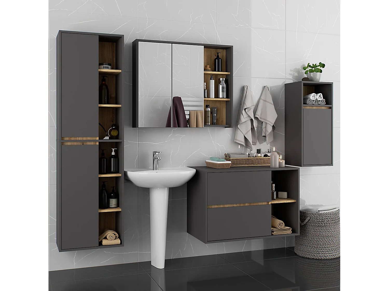 Mobile bagno sospeso VAMI Grigio Grafite, Rovere Artisan 35 cm 1 anta 35x30x80 cm