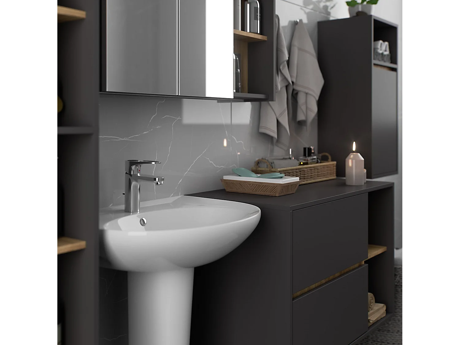 Mobile bagno sospeso VAMI Grigio Grafite, Rovere Artisan 35 cm 1 anta 35x30x80 cm