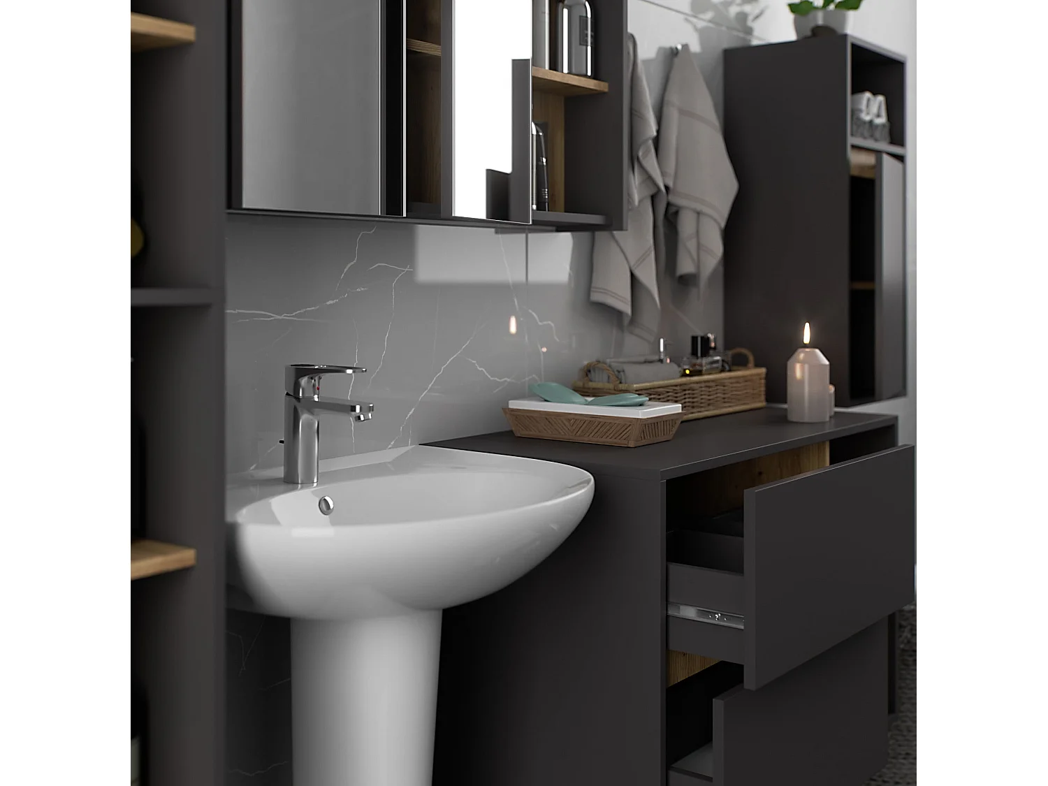 Mobile bagno sospeso VAMI Grigio Grafite, Rovere Artisan 35 cm 1 anta 35x30x80 cm