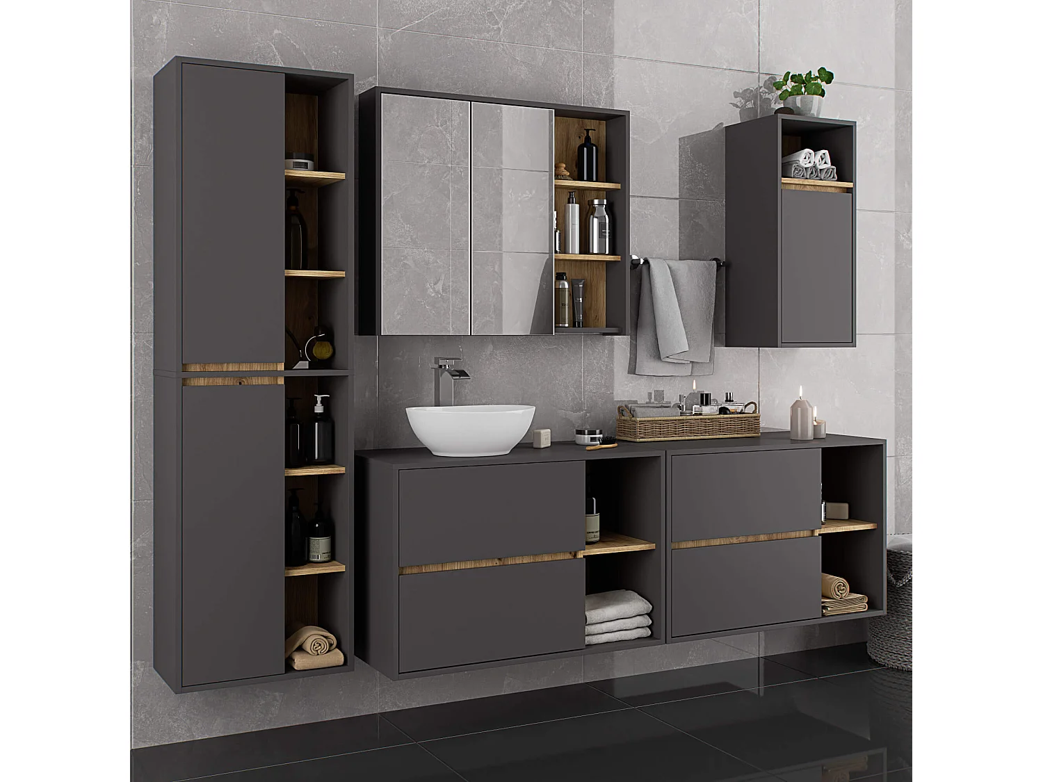 Hangende Badkamerkast Kolomkast VAMI W50 met 2 Deuren en 10 Planken / Grafietgrijs - Artisan Eik / AKORD Furniture Factory / 50x170x30 cm