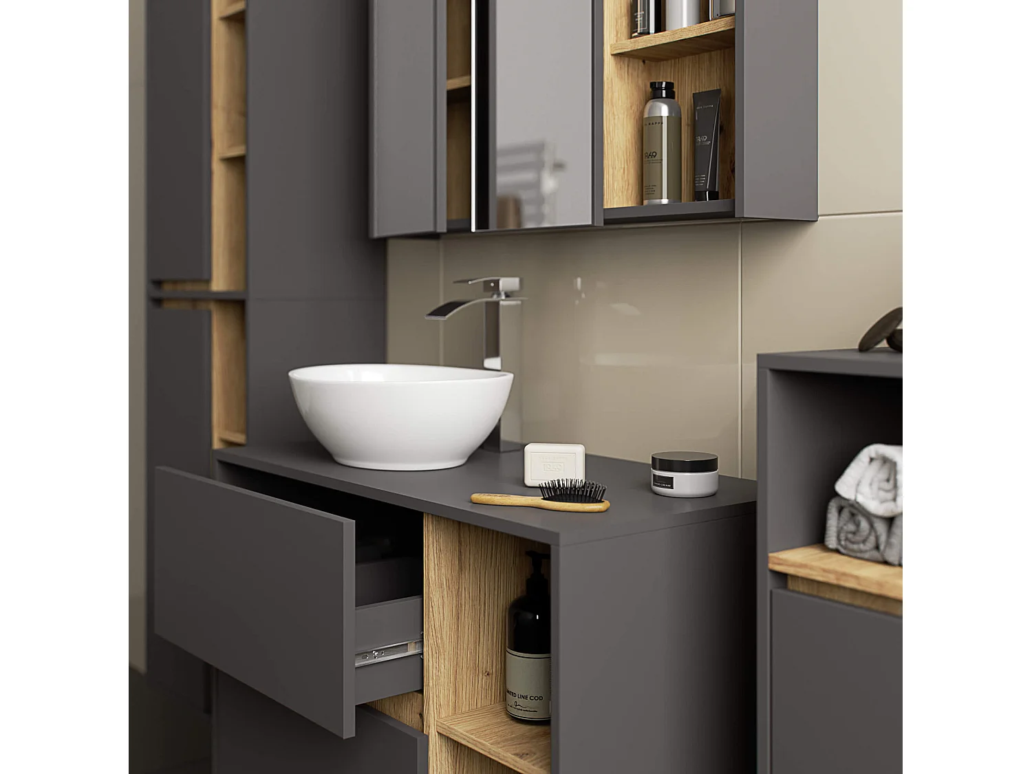 Hangende Badkamerkast Kolomkast VAMI W50 met 2 Deuren en 10 Planken / Grafietgrijs - Artisan Eik / AKORD Furniture Factory / 50x170x30 cm