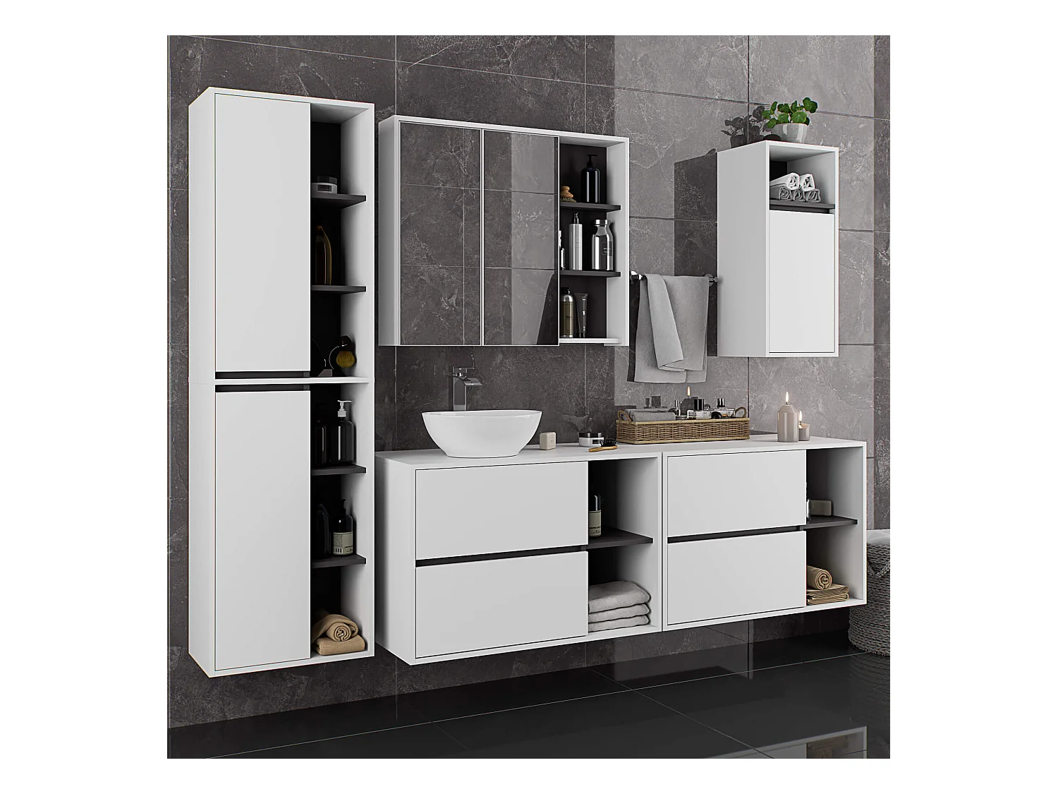 Bad-Hochschrank hängend VAMI Weiß, Graphitgrau 50 cm 2 Türen 10 Regalböden B50xH170xT30 cm