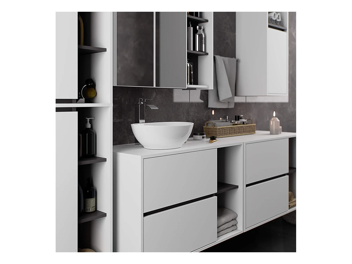 Bad-Hochschrank hängend VAMI Weiß, Graphitgrau 50 cm 2 Türen 10 Regalböden B50xH170xT30 cm