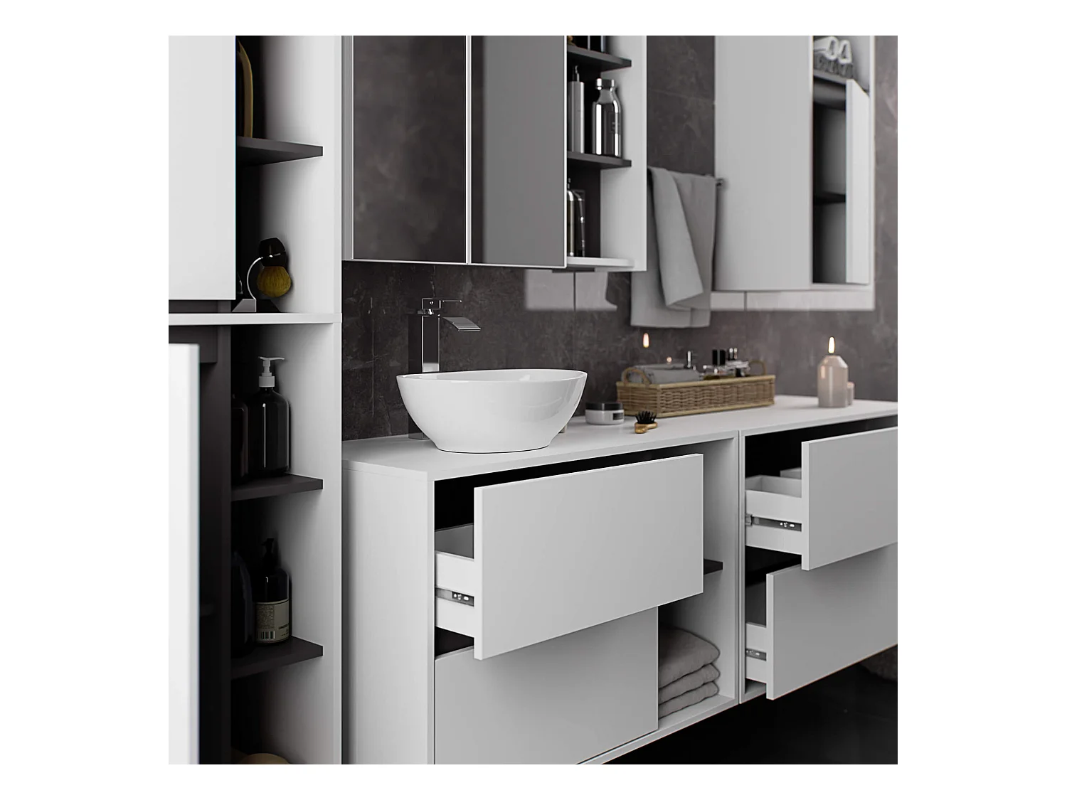 Bad-Hochschrank hängend VAMI Weiß, Graphitgrau 50 cm 2 Türen 10 Regalböden B50xH170xT30 cm