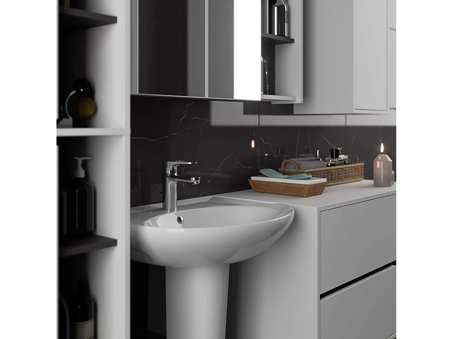 Hangende Badkamerkast Kolomkast VAMI W50 met 2 Deuren en 10 Planken / Wit - Grafietgrijs / AKORD Furniture Factory / 50x170x30 cm