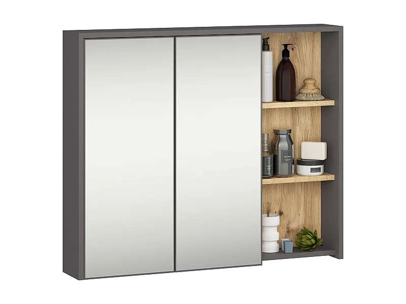 Badezimmer-Hängeschrank VAMI mit Spiegel Graphitgrau, Artisan Eiche 90 cm 2 Türen 6 Regalböden B90xH75xT15 cm