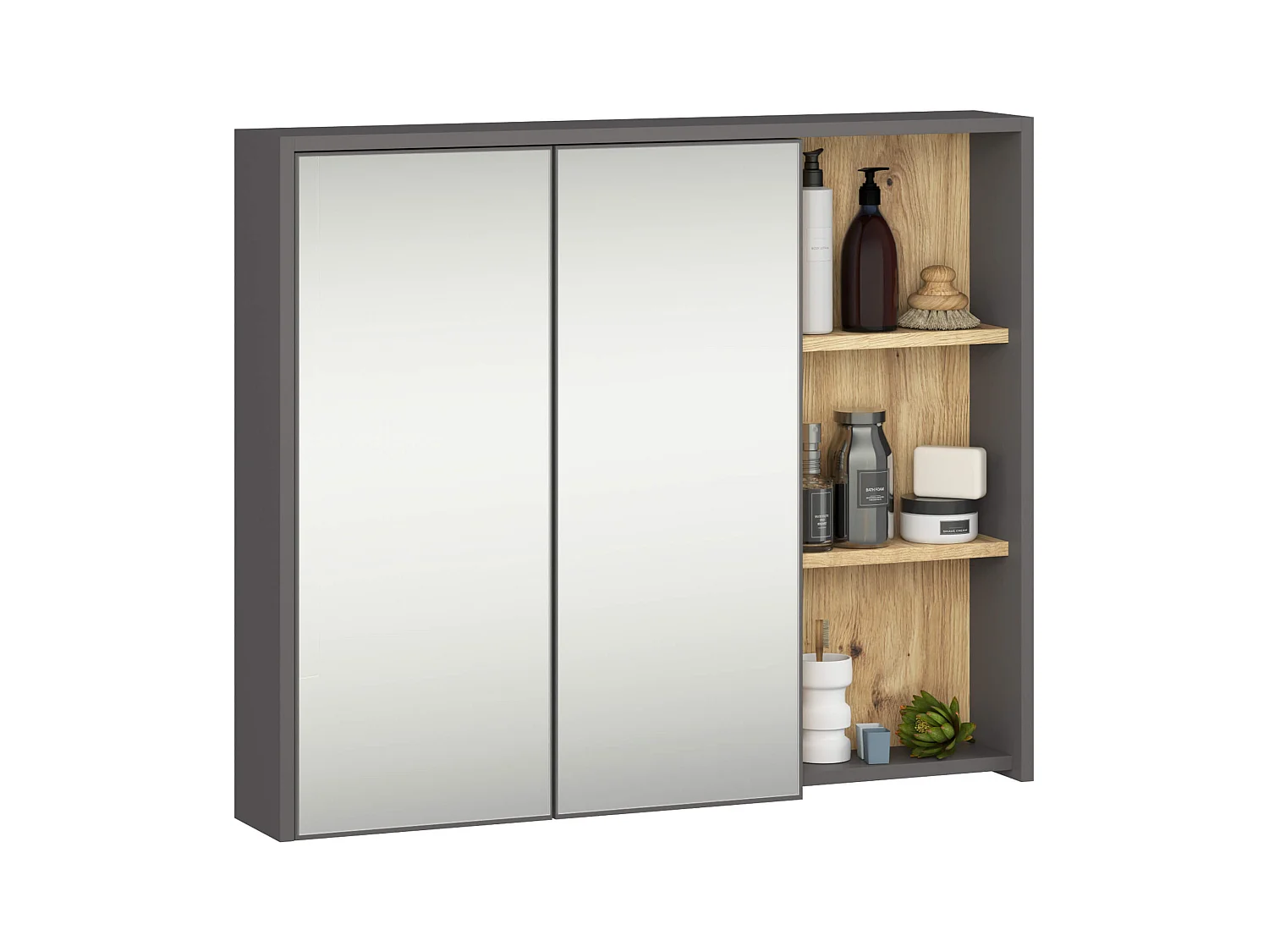 Armoire salle de bains VAMI suspendu avec miroir Gris Graphite et Chêne Artisan 90 cm 2 portes 6 étagères 90x15x75 cm