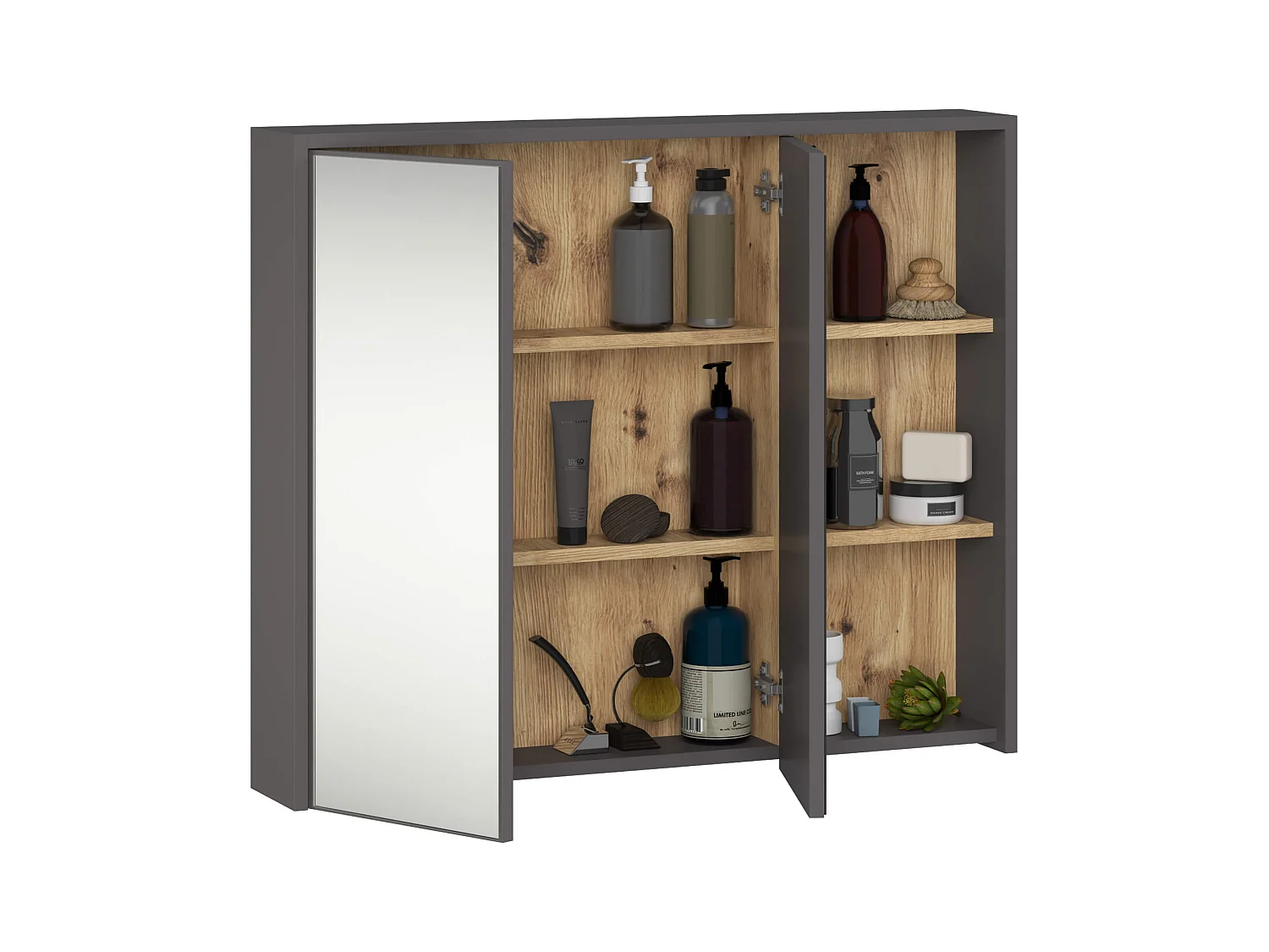 Armoire salle de bains VAMI suspendu avec miroir Gris Graphite et Chêne Artisan 90 cm 2 portes 6 étagères 90x15x75 cm