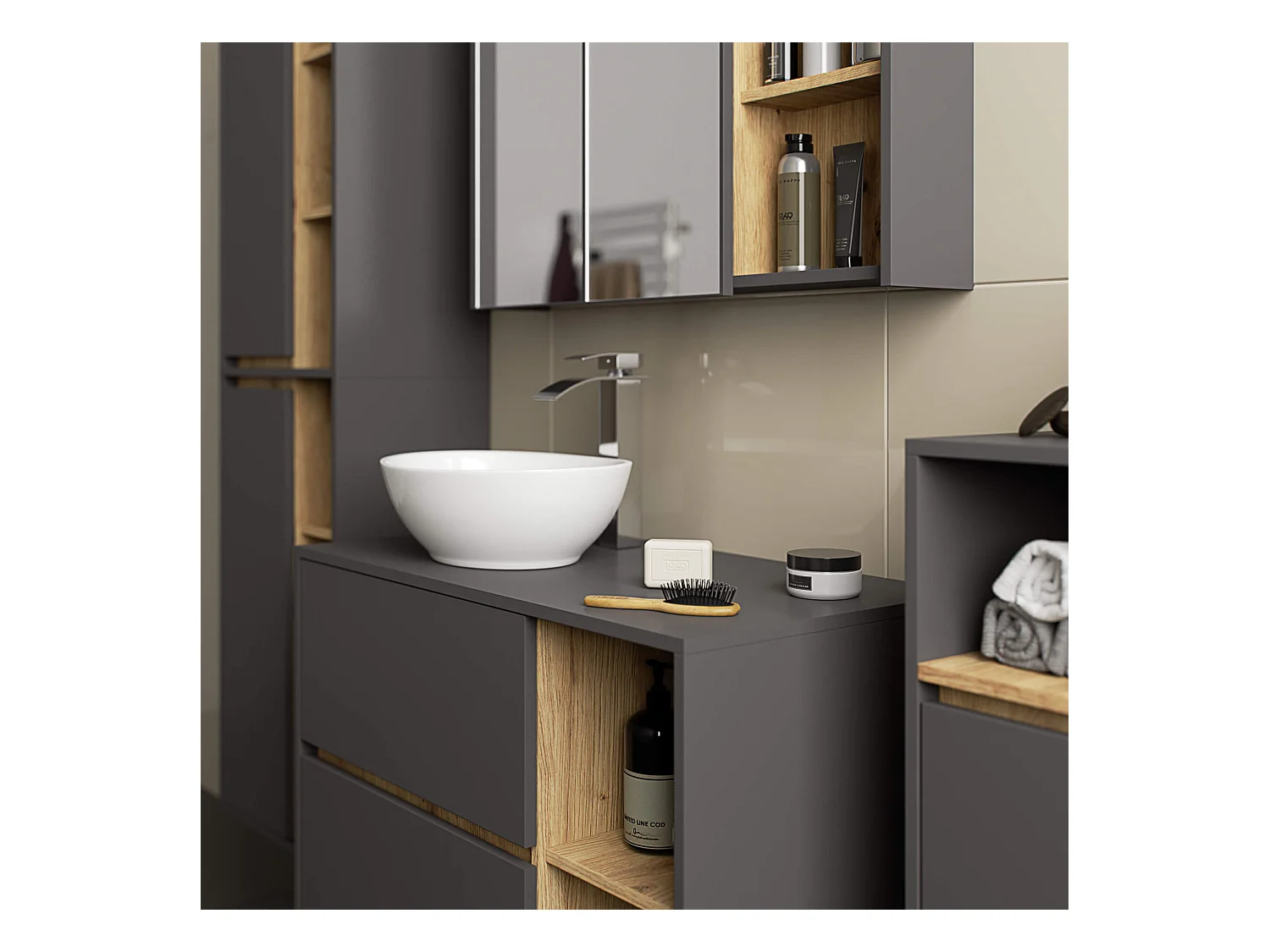 Badezimmer-Hängeschrank VAMI mit Spiegel Graphitgrau, Artisan Eiche 90 cm 2 Türen 6 Regalböden B90xH75xT15 cm