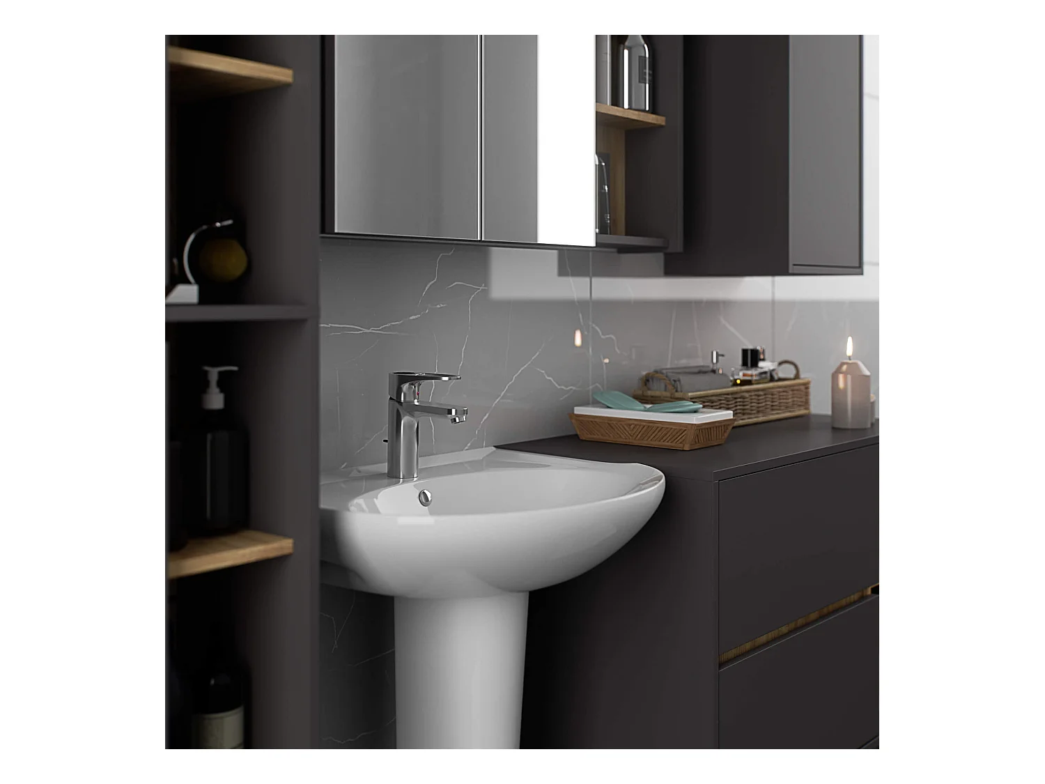 Badezimmer-Hängeschrank VAMI mit Spiegel Graphitgrau, Artisan Eiche 90 cm 2 Türen 6 Regalböden B90xH75xT15 cm