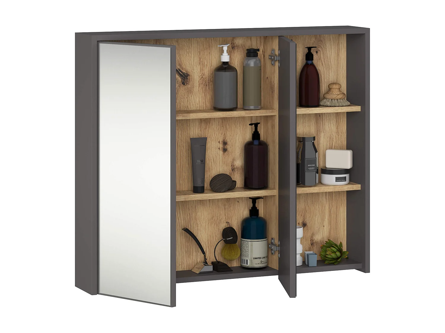 Hangende Badkamerkast Spiegelkast VAMI W90 met 2 Deuren en 6 Planken en Spiegel / Grafietgrijs – Artisan Eik / AKORD Furniture Factory / 90x15x75 cm