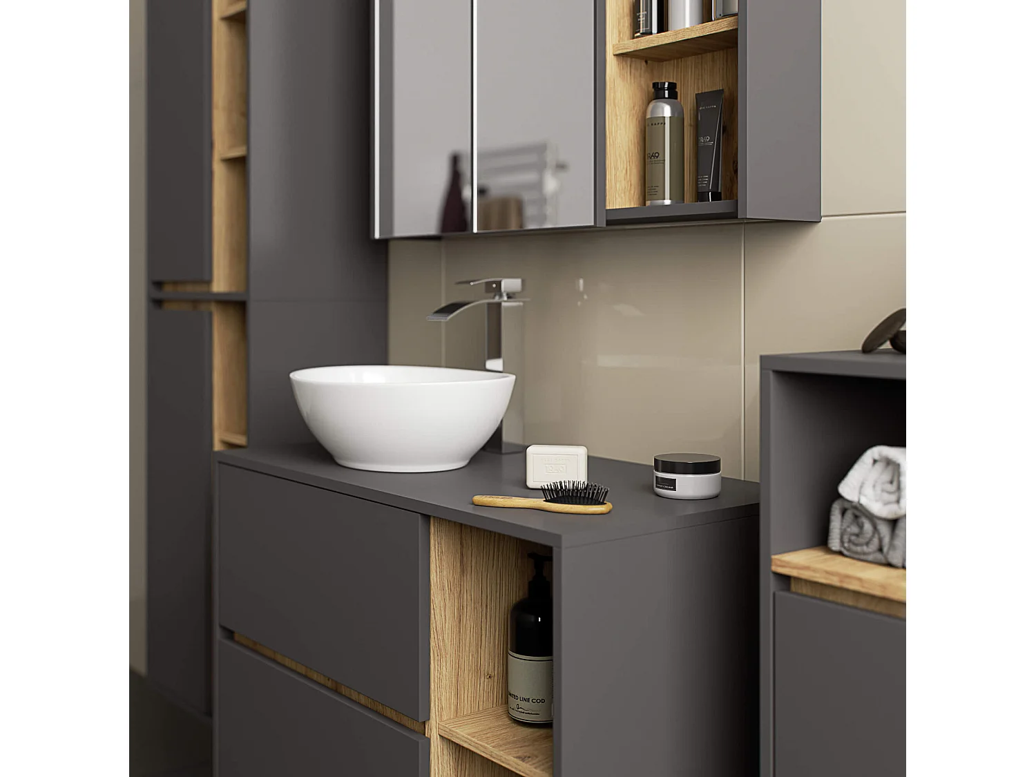 Hangende Badkamerkast Spiegelkast VAMI W90 met 2 Deuren en 6 Planken en Spiegel / Grafietgrijs – Artisan Eik / AKORD Furniture Factory / 90x15x75 cm