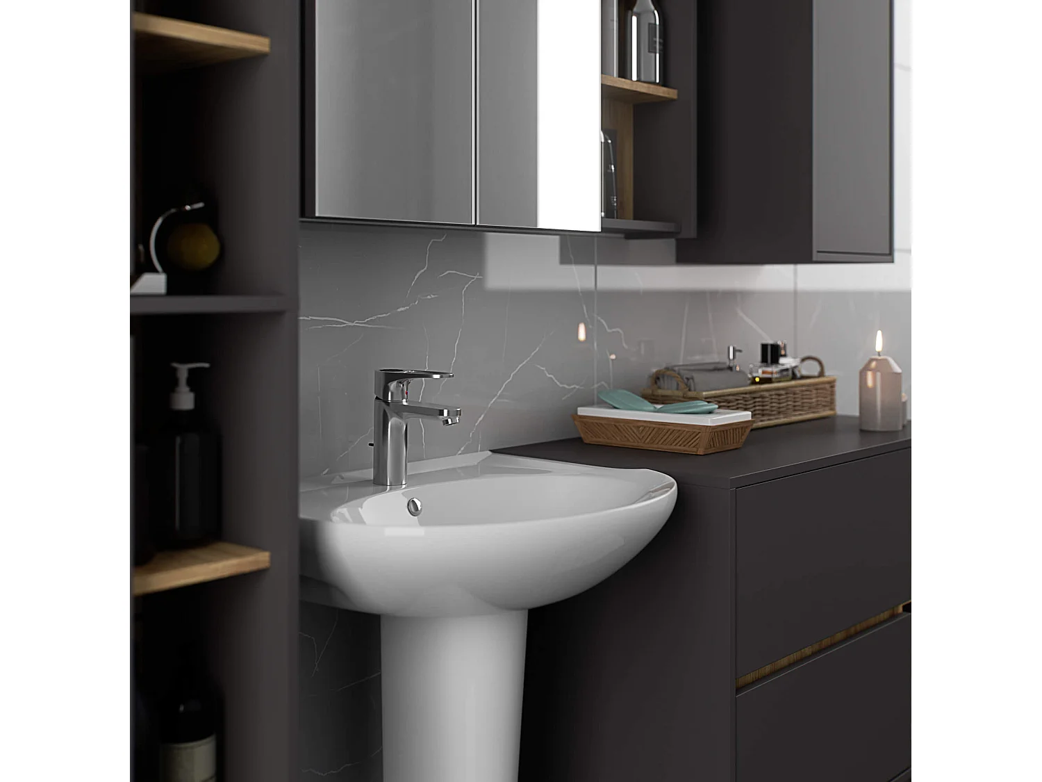 Hangende Badkamerkast Spiegelkast VAMI W90 met 2 Deuren en 6 Planken en Spiegel / Grafietgrijs – Artisan Eik / AKORD Furniture Factory / 90x15x75 cm