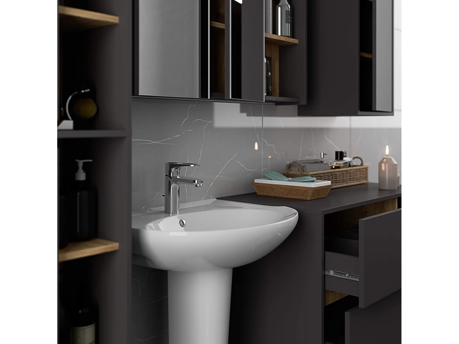 Hangende Badkamerkast Spiegelkast VAMI W90 met 2 Deuren en 6 Planken en Spiegel / Grafietgrijs – Artisan Eik / AKORD Furniture Factory / 90x15x75 cm