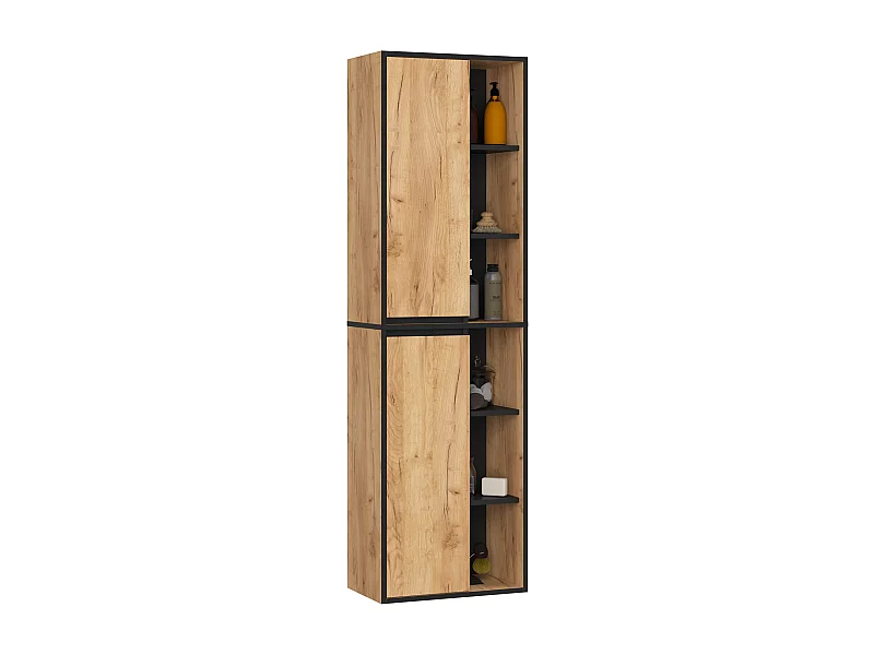 Bad-Hochschrank hängend VAMI Craft Eiche, Schwarz 50 cm 2 Türen 10 Regalböden B50xH170xT30 cm