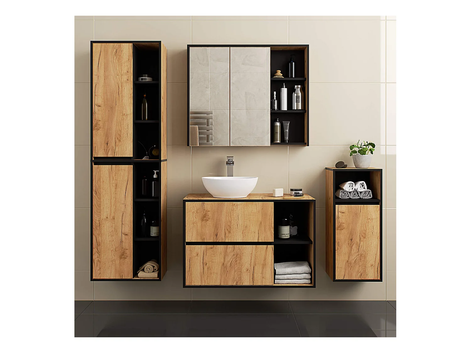 Bad-Hochschrank hängend VAMI Craft Eiche, Schwarz 50 cm 2 Türen 10 Regalböden B50xH170xT30 cm