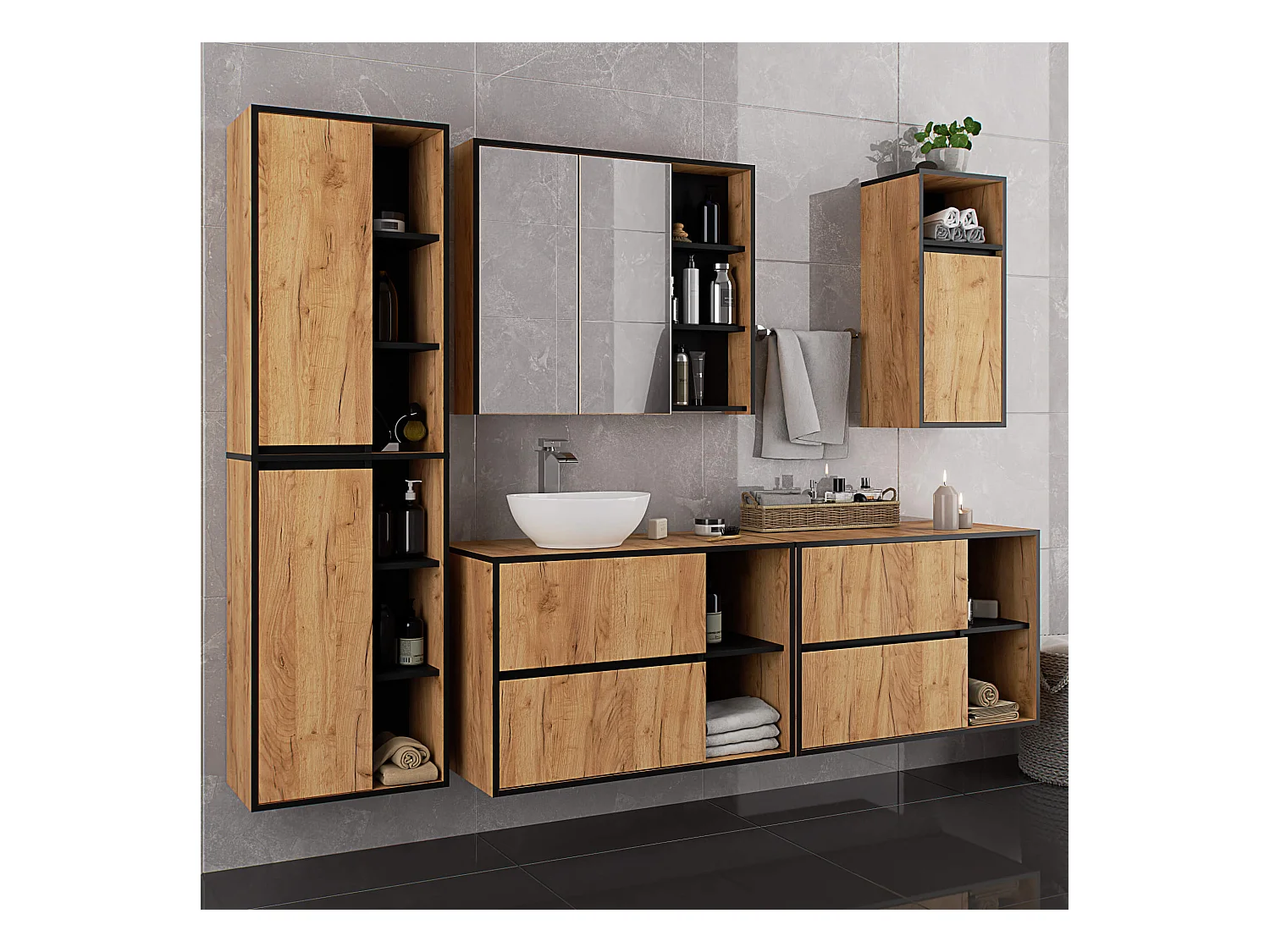 Bad-Hochschrank hängend VAMI Craft Eiche, Schwarz 50 cm 2 Türen 10 Regalböden B50xH170xT30 cm