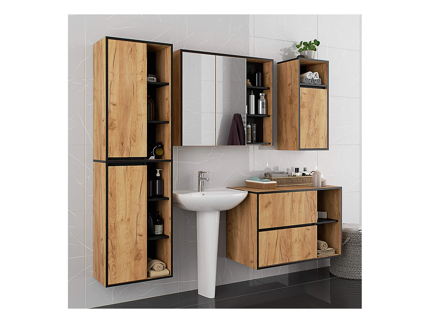 Bad-Hochschrank hängend VAMI Craft Eiche, Schwarz 50 cm 2 Türen 10 Regalböden B50xH170xT30 cm