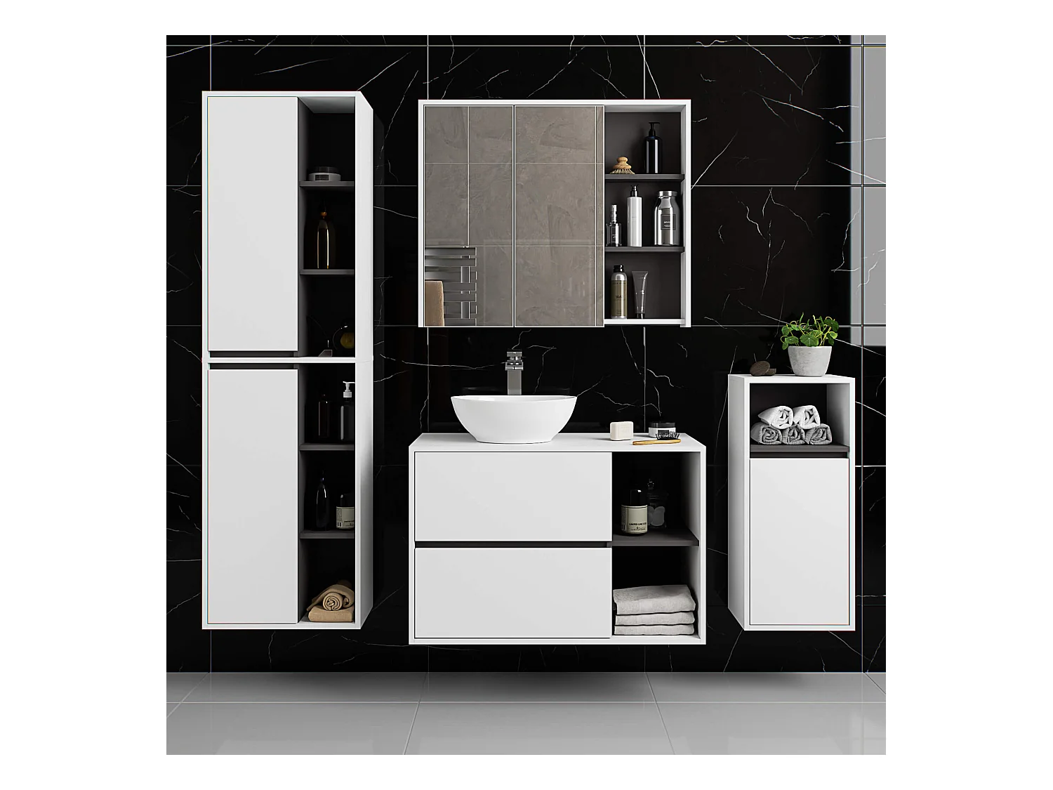 Badezimmer-Hängeschrank VAMI Weiß, Graphitgrau 35 cm 1 Tür 3 Regalböden B35xH80xT30 cm