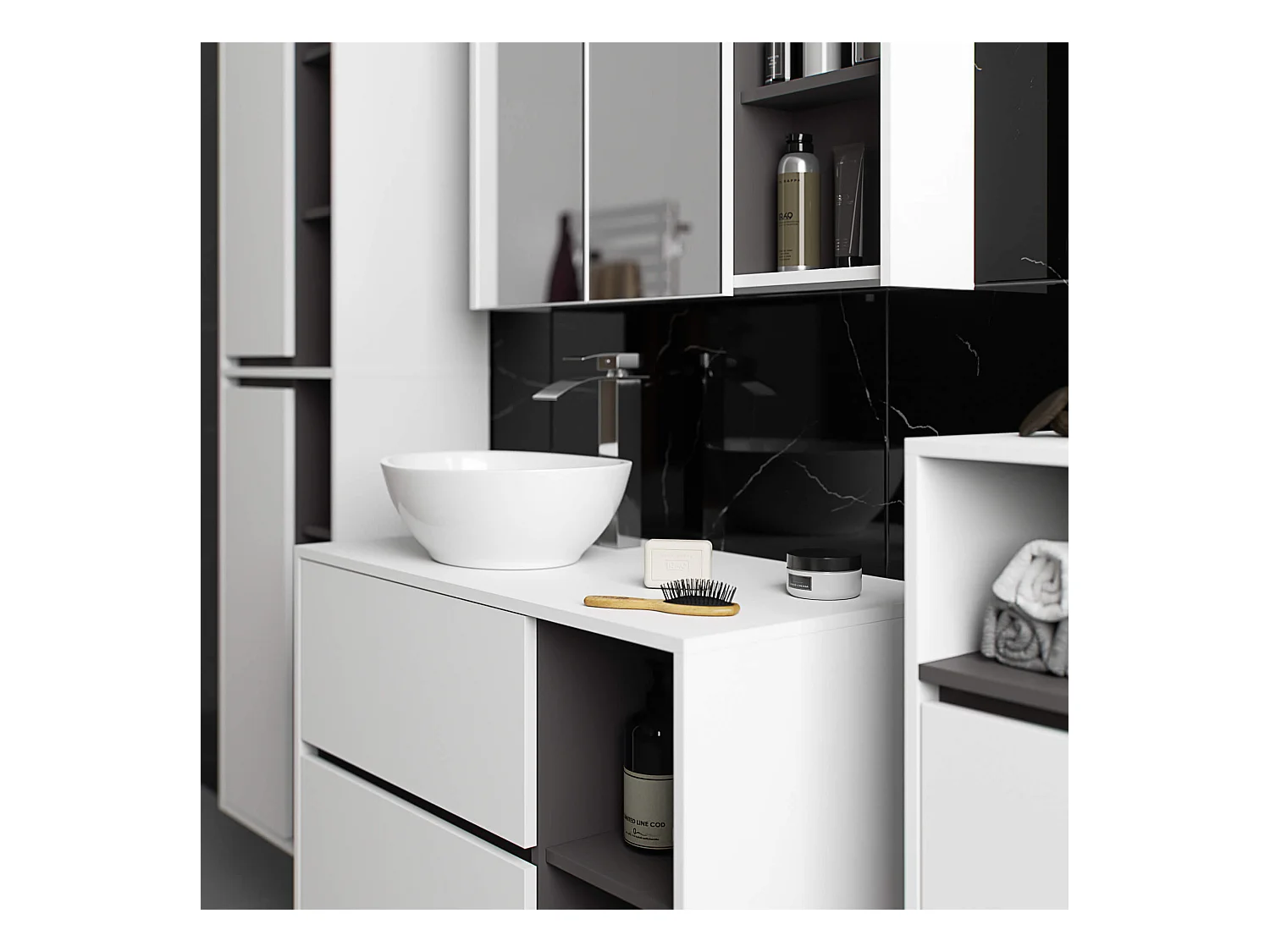 Badezimmer-Hängeschrank VAMI Weiß, Graphitgrau 35 cm 1 Tür 3 Regalböden B35xH80xT30 cm