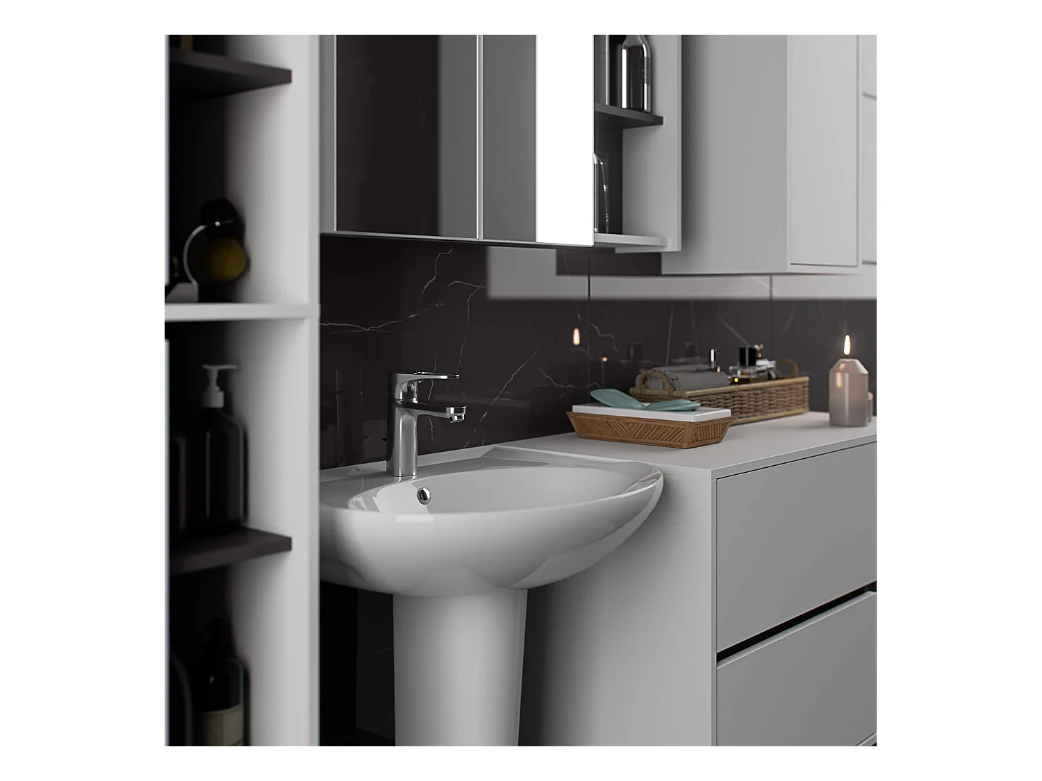 Badezimmer-Hängeschrank VAMI Weiß, Graphitgrau 35 cm 1 Tür 3 Regalböden B35xH80xT30 cm