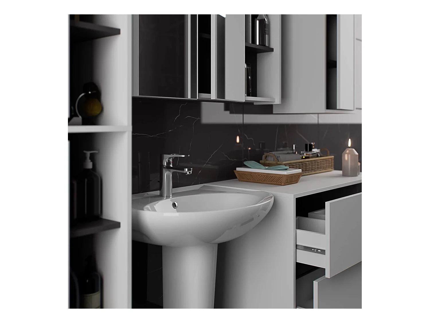 Badezimmer-Hängeschrank VAMI Weiß, Graphitgrau 35 cm 1 Tür 3 Regalböden B35xH80xT30 cm